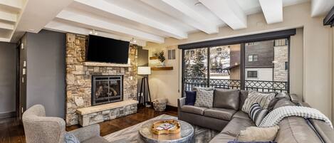 Smart TV, fireplace, books