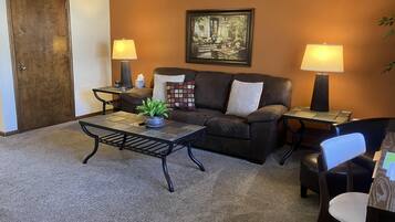 Smart-tv, böcker, ett musikbibliotek och en stereo