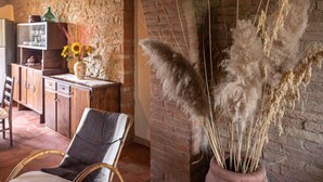 Une pièce rustique avec une armoire en bois, une chaise en osier et de l’herbe des pampas dans un pot.