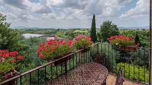 Un balcon avec une table et des chaises en métal, entouré de plantes et de fleurs en pot.
