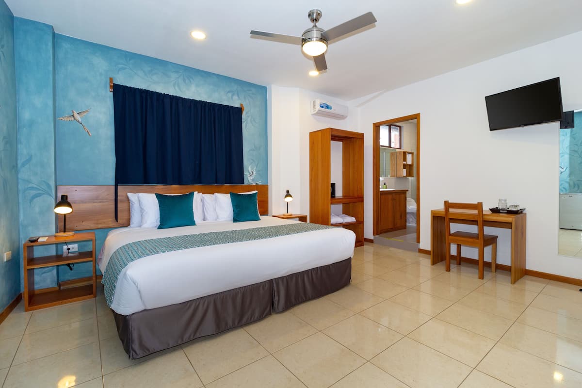 Une chambre d’hôtel avec un grand lit, un bureau avec une chaise, un ventilateur de plafond et un téléviseur à écran plat fixé au mur.