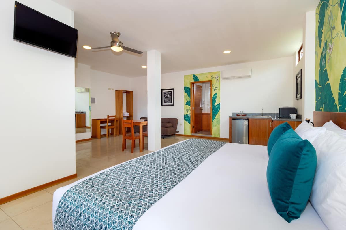 Une chambre d’hôtel équipée d’un lit, d’un bureau, d’une chaise, d’une télévision et d’un ventilateur de plafond.