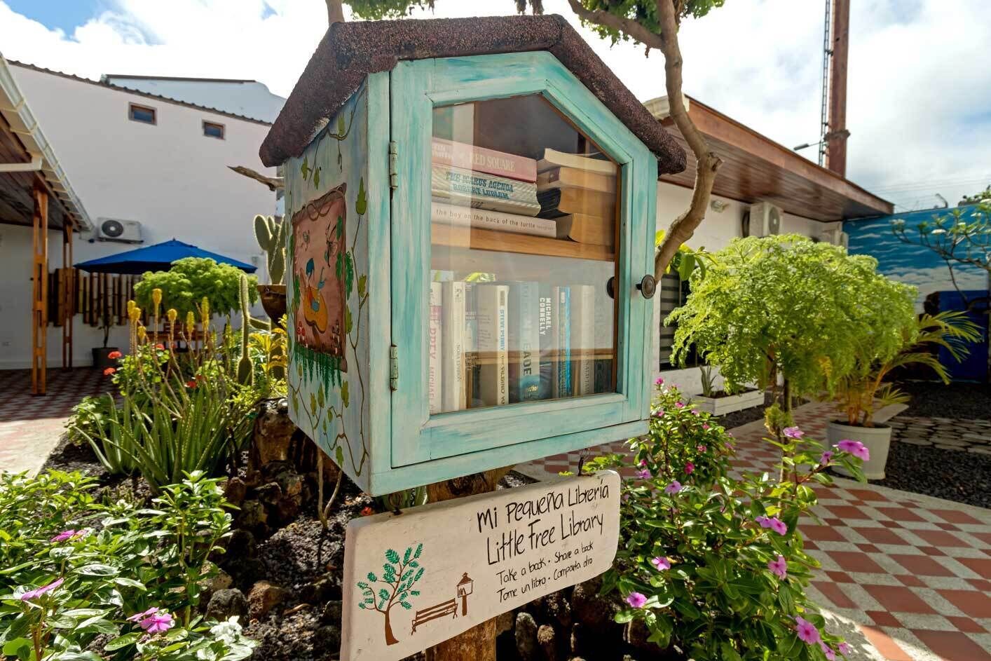Una pequeña biblioteca rústica con libros en su interior, rodeada de un jardín con diversas plantas y flores.