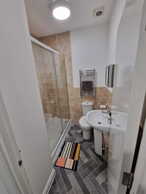 Bathroom features a glass-enclosed shower, sink with chrome faucet, and toilet, set against a herringbone tile floor.