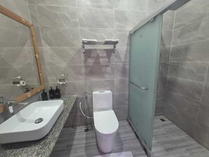 Ducha, secador de pelo, toallas y jabón