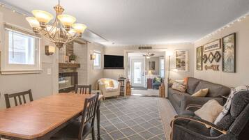 Smart TV, fireplace, DVD player, books