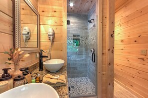 Shower, jetted tub, hair dryer, towels - A Rustic Escape -Hot Tub-Theater Room- EV charger-2 King suites-HANDICAP RAMP, (Sevierville)