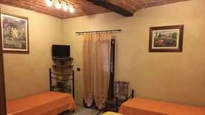 A small, cozy room with two single beds, a TV on a stand, a chair, and a curtain. - 2 Bedroom Bed & breakfast in Condove (Condove)