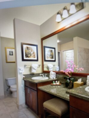 Hair dryer, towels, soap, shampoo