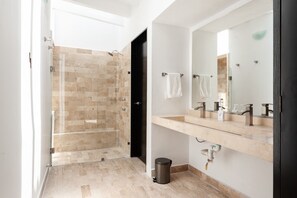 Bathroom features a shower area, double sinks, and a large mirror.