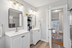 Hair dryer, towels, soap, toilet paper