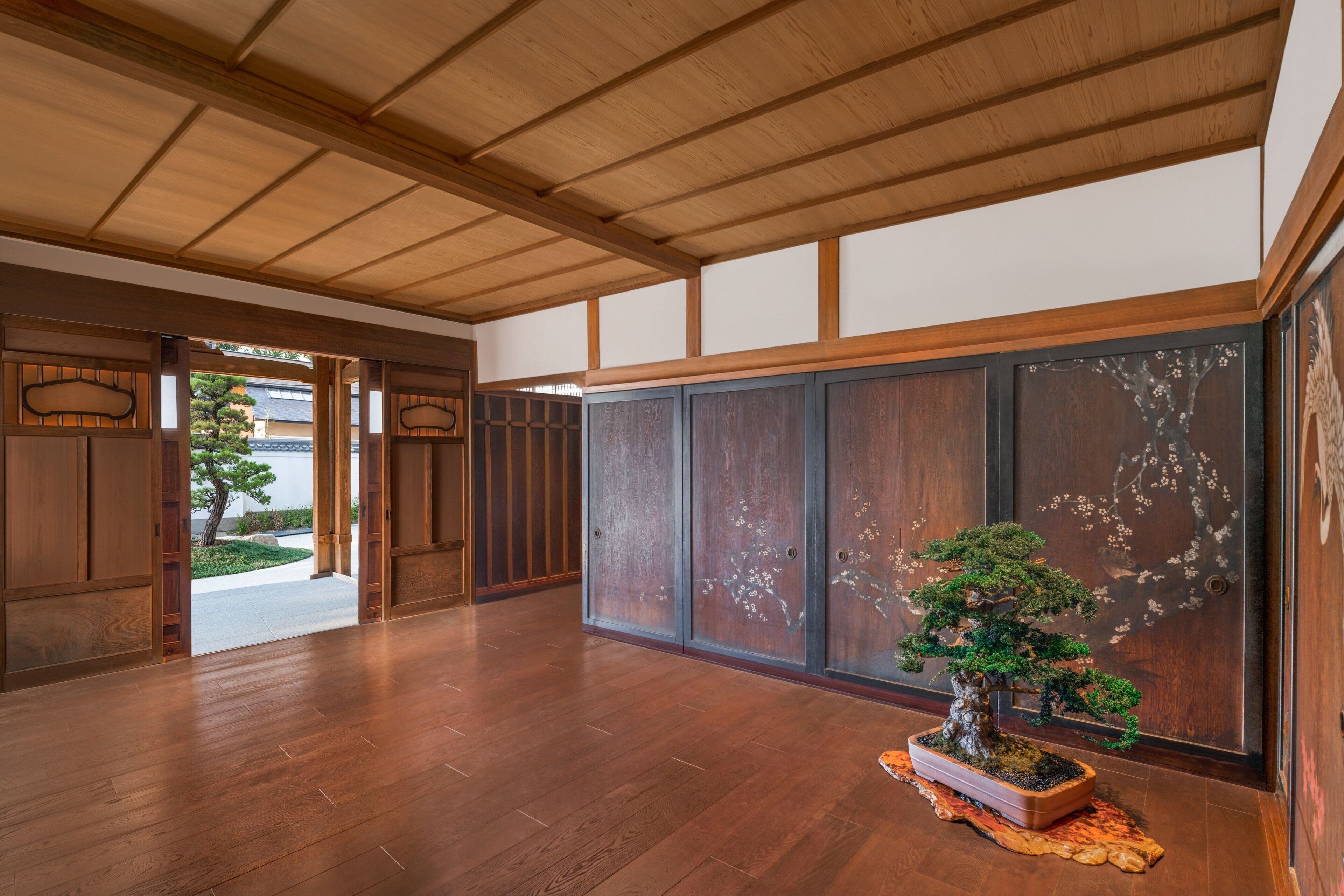 A traditional Japanese interior with wooden flooring, sliding doors, and a bonsai tree.