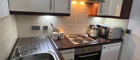 Apartment, 1 Queen Bed | Private kitchen | Fridge, microwave, oven, stovetop