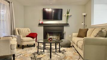 TV, fireplace, books