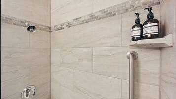 Hair dryer, towels, soap, toilet paper