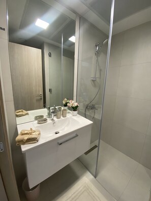 Dusche, Haartrockner, Handtücher, Seife