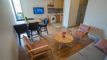 A modern living room with a sofa, chairs, a dining table, and a kitchen area with a washing machine.