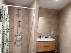 Shower, hair dryer, soap, shampoo