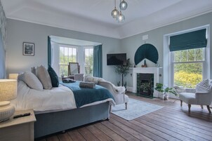 Un dormitorio amplio con una cama grande, chimenea, televisor y vistas al exterior.