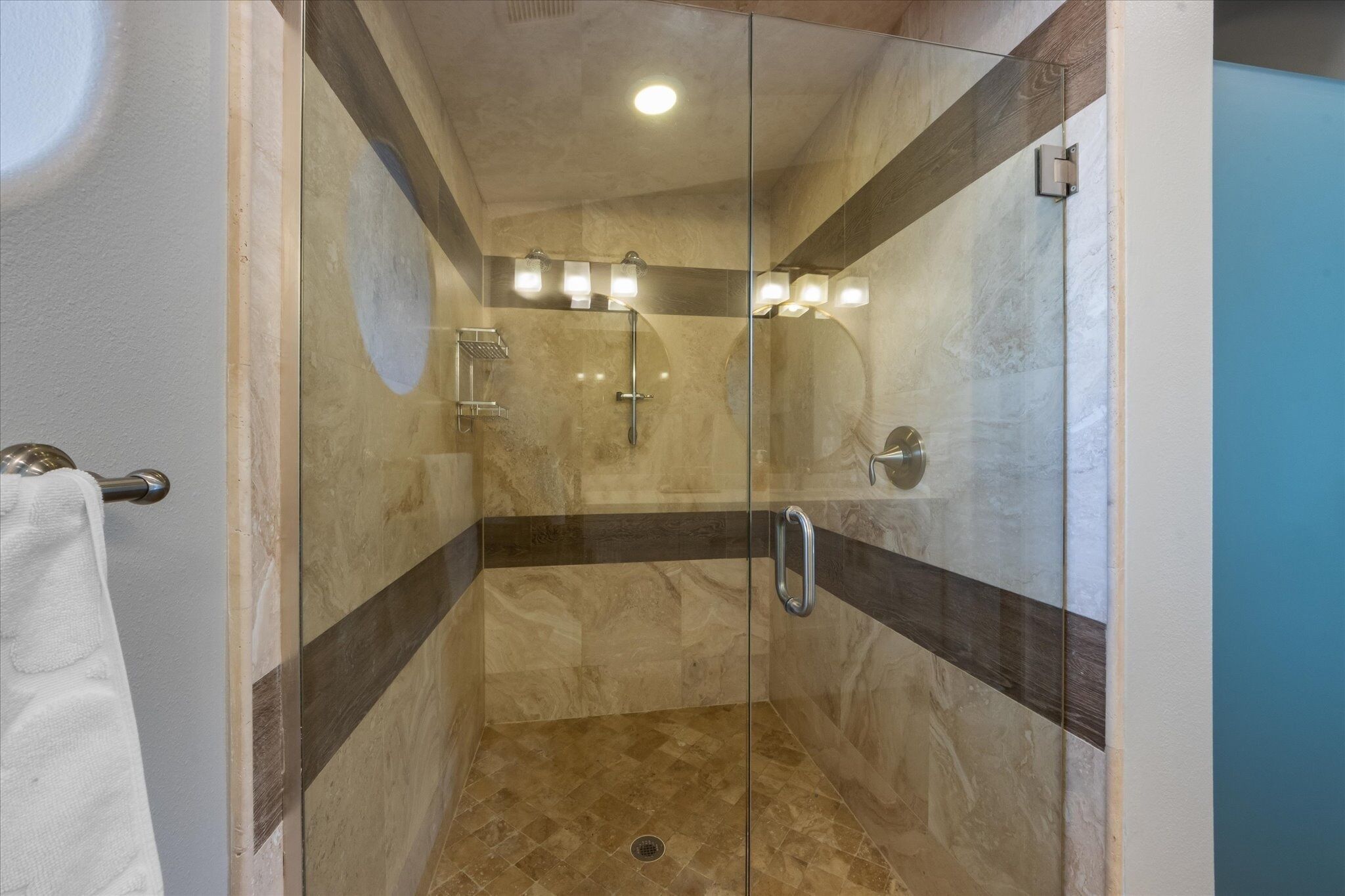 A glass-enclosed shower with a handrail, a towel rack, and a ceiling light fixture.
