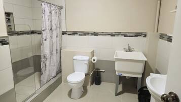 Hair dryer, towels, soap, toilet paper