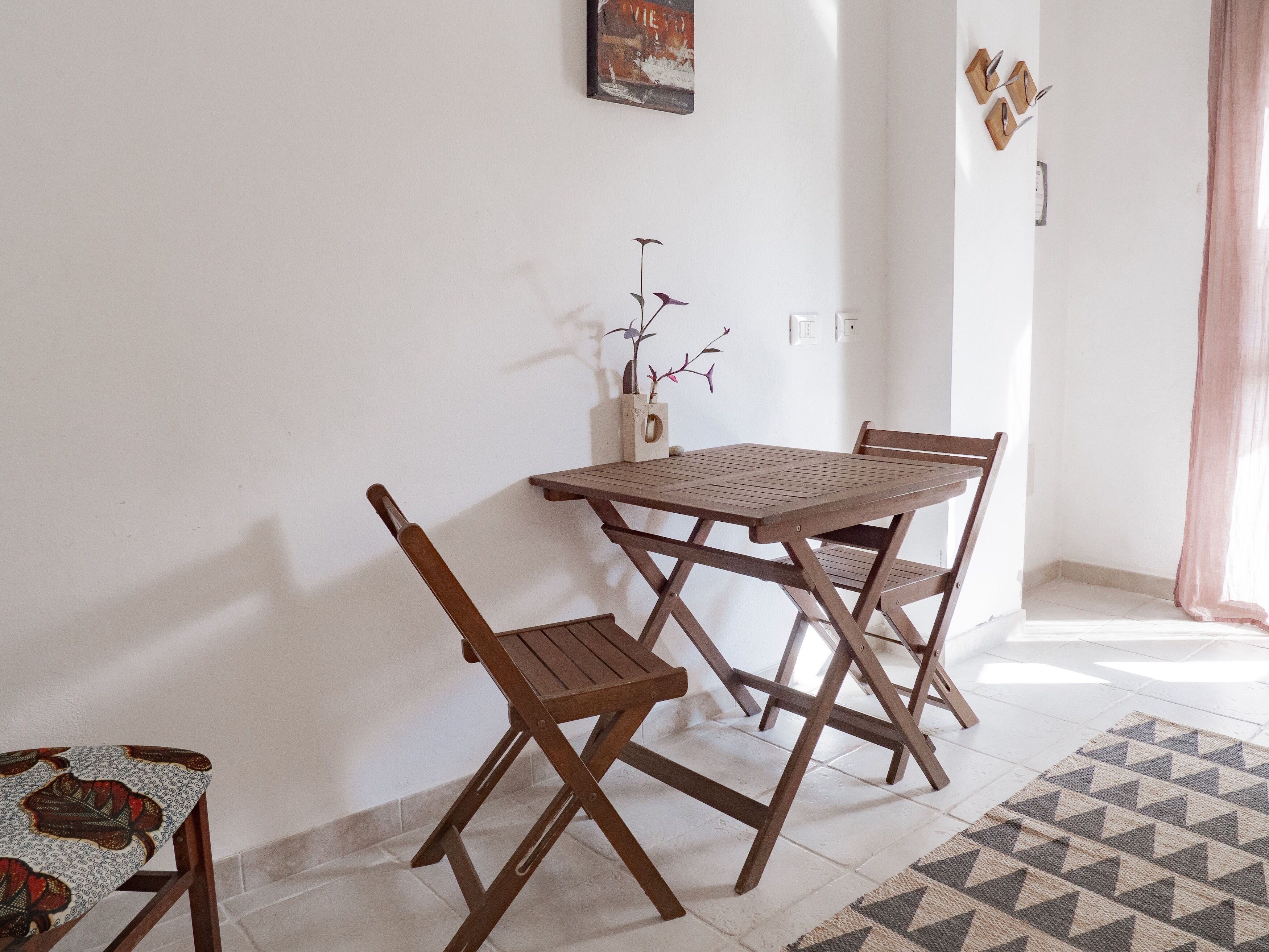 Un coin repas avec une table et des chaises en bois, une petite plante en pot et un tapis à motifs.