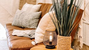 Un salon chaleureux avec un canapé en cuir marron, une table ronde en bois et une plante en pot.