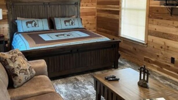 Quarto de cabana de madeira com cama, sofá, televisão e janela.