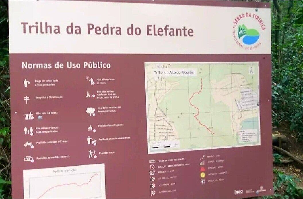 A signboard for 'Trilha da Pedra do Elefante' with public use rules and a map.