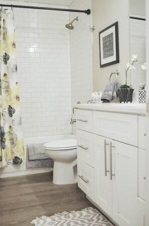 Hair dryer, towels, soap, shampoo