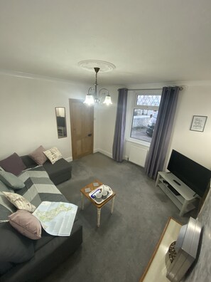 Una Smart TV, una chimenea, un reproductor de DVD, libros