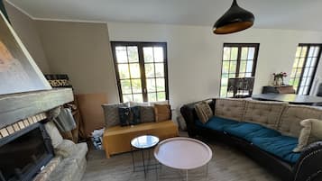 TV, fireplace, DVD player, books