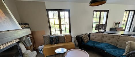 Televisión, chimenea, reproductor de DVD y libros