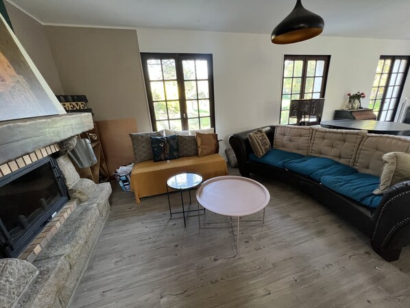 TV, fireplace, DVD player, books
