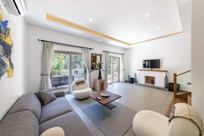 Smart TV, fireplace, books