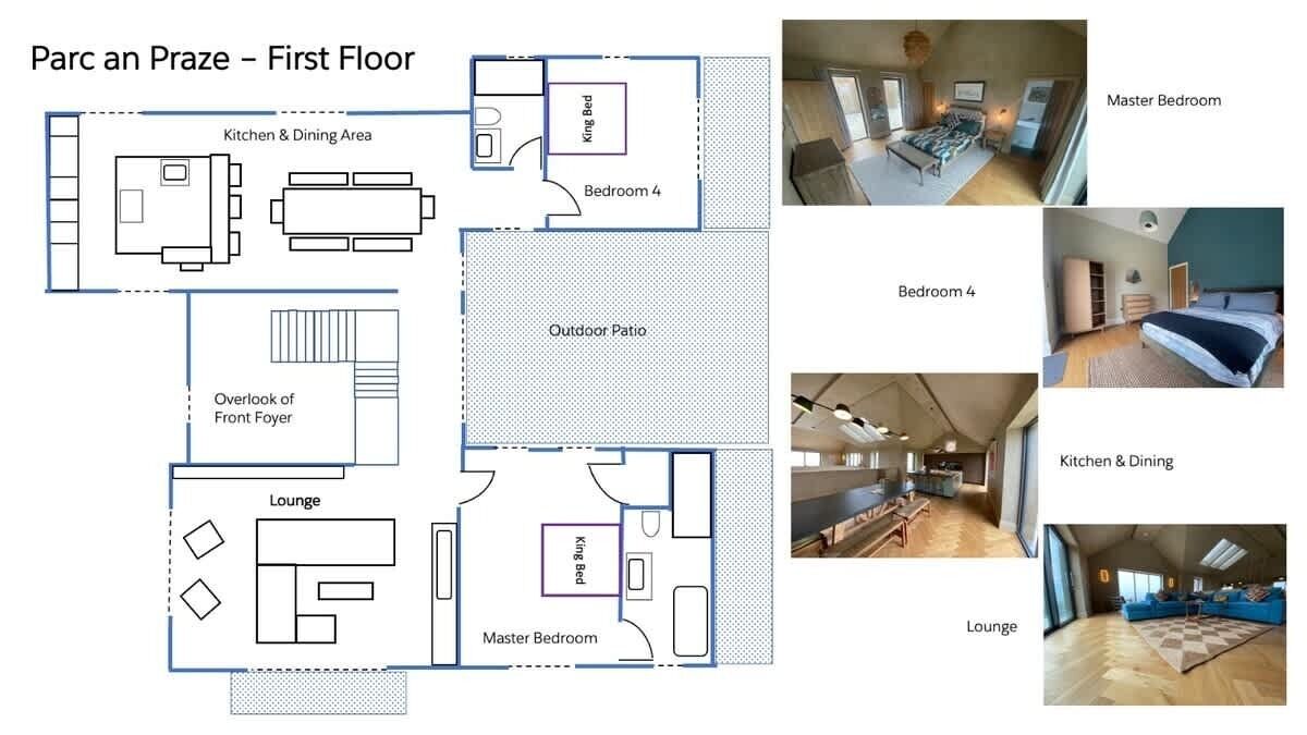 Plattegrond van de eerste verdieping van hotel Parc an Praze, met o.a. een master bedroom, een kingsize bed, slaapkamer 4, keuken en eethoek, een terras, een lounge en een uitzicht op de centrale hal.