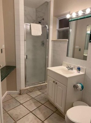 Bathroom features a shower enclosure, sink, and toilet.
