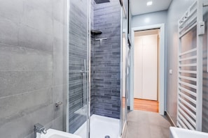 Shower, hair dryer, bidet, towels