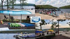 A pool area with lounge chairs, a dock with boats, and a beach with umbrellas.