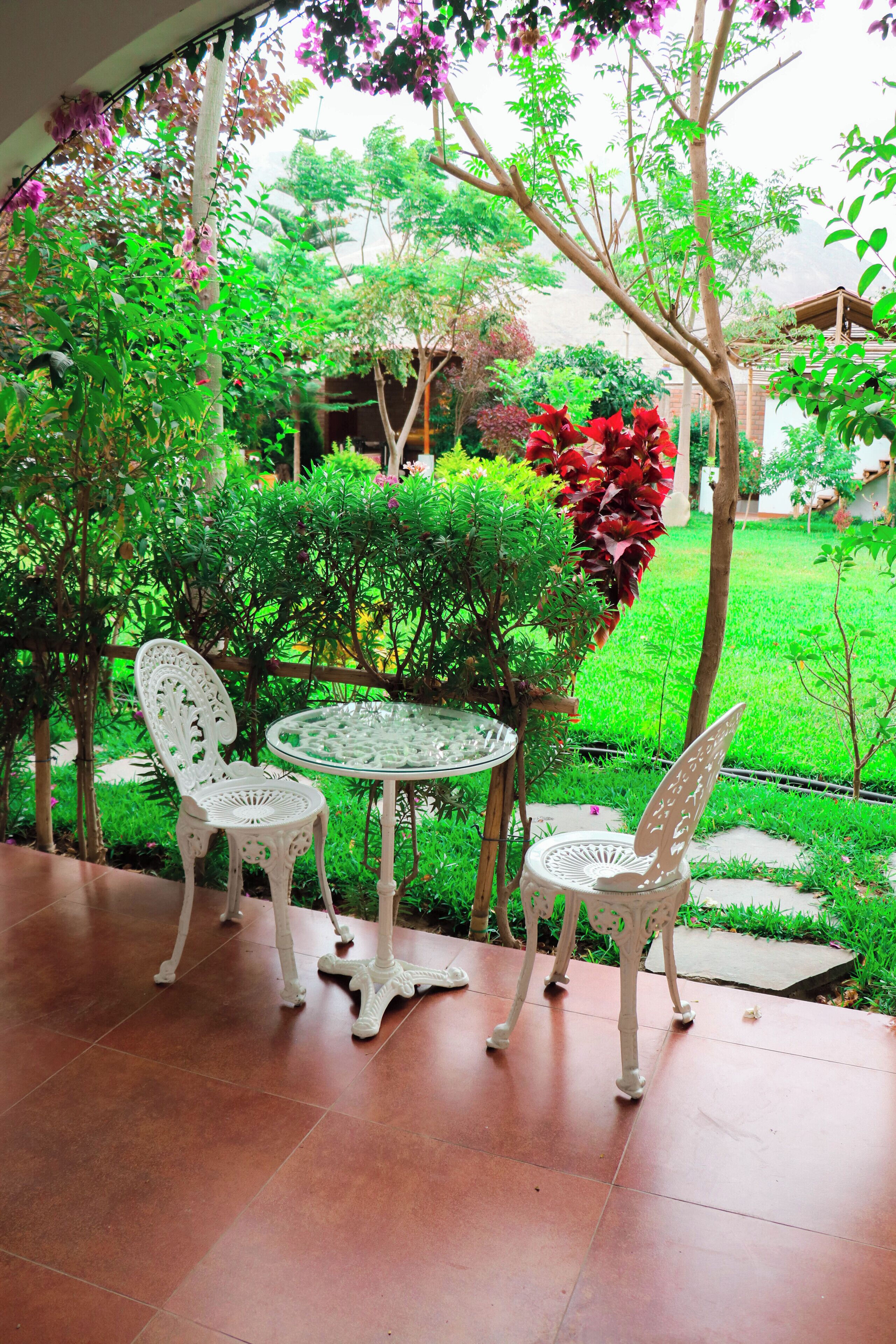 An outdoor patio with two white metal chairs and a small round table, surrounded by lush greenery and a well-maintained lawn.