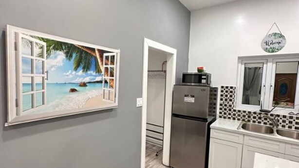 A modern kitchen with grey walls, a wooden floor, and a beach-themed wall art. - 5 mins walk or rent a bike to ride to Turtle Beach. (Exuma)