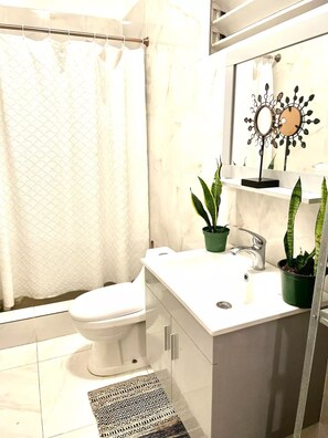 Dusche, Haartrockner, Handtücher, Seife