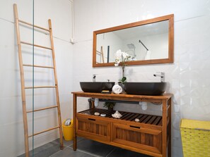 Shower, hair dryer, towels