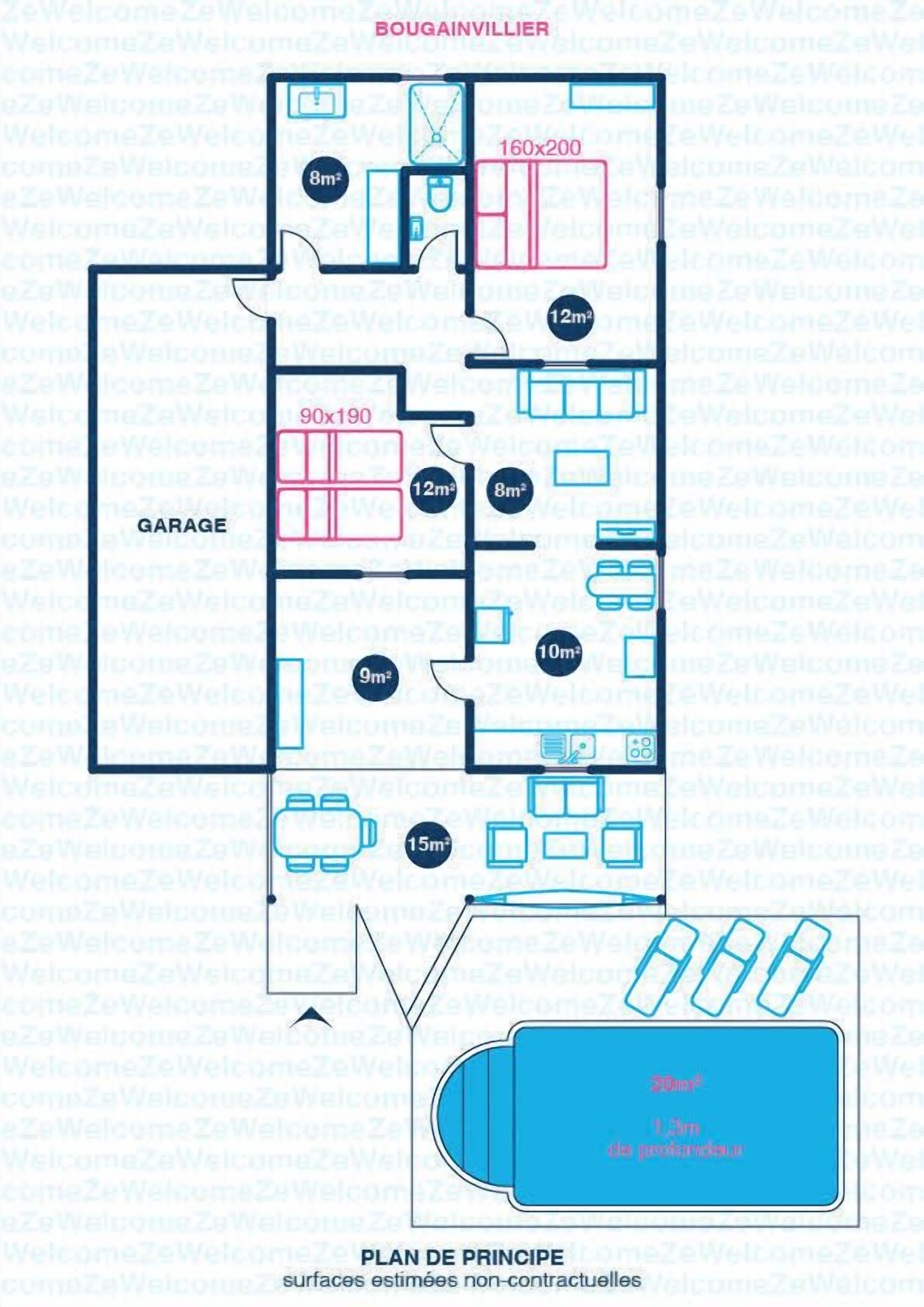 Plano de planta de una propiedad que incluye garaje, sala de estar y piscina.