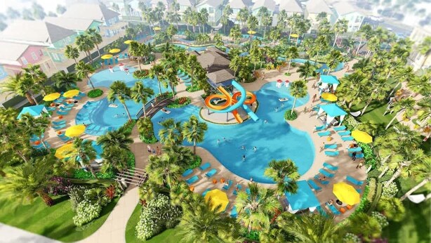 Ett semesterparadis med flera pooler, palmer och solstolar.