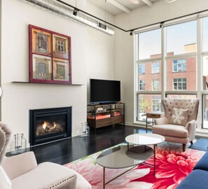 TV, fireplace, offices, computer monitors