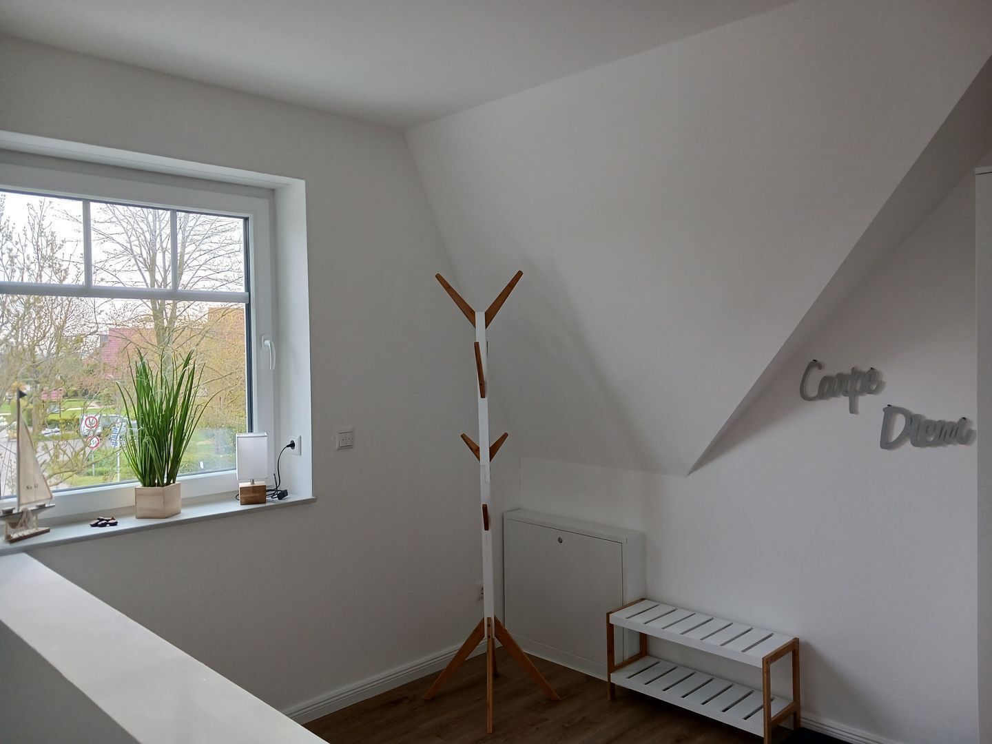 A room with a white radiator, a coat rack, a window with a view of trees and a building, and a shelf with a plant.