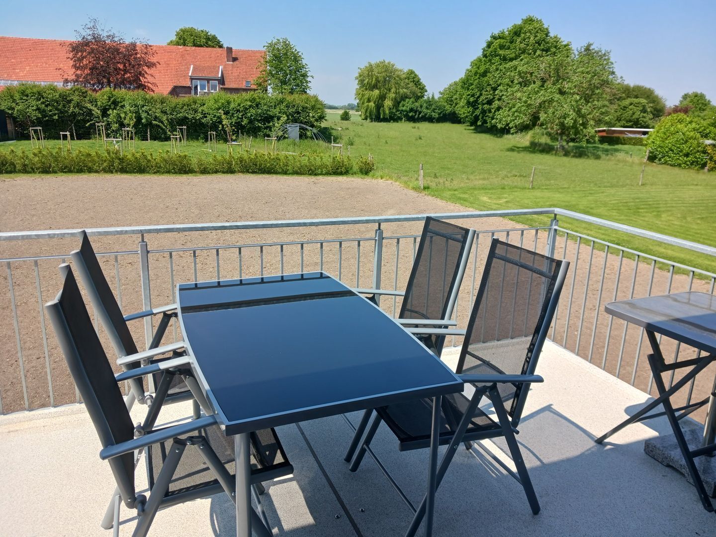 Ein Balkon mit Tisch und Stühlen, der auf eine grüne Landschaft mit Bäumen und einem Gebäude im Hintergrund blickt.