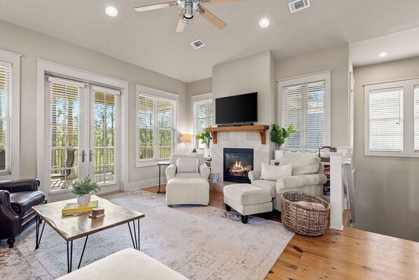 Televisión, chimenea y libros 