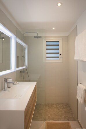 Shower, hair dryer, towels